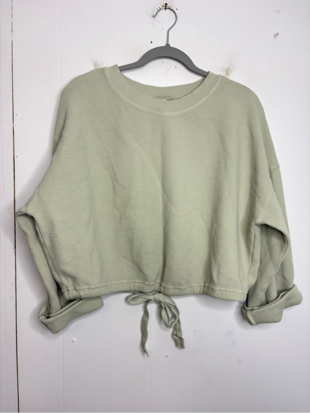 Fabletics Sweater Womens Small Cropped Sweatshirt Open Tie Back Sage Greeb